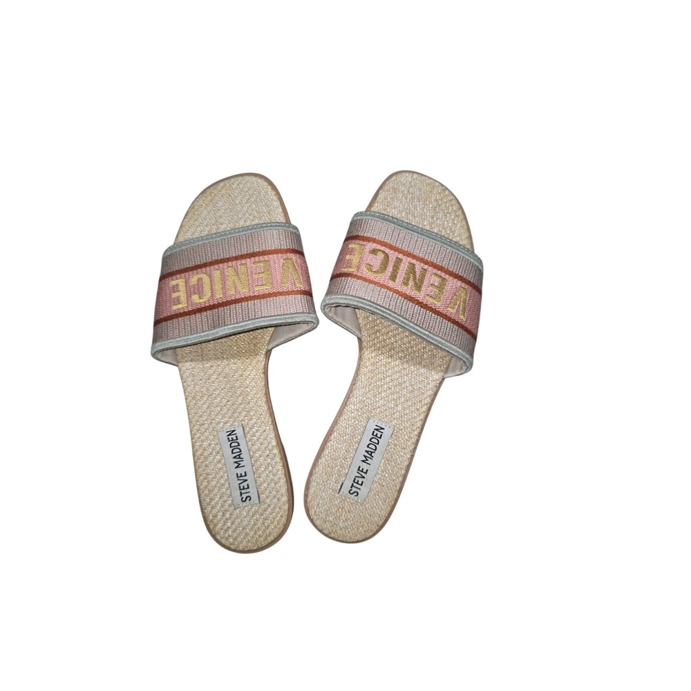 Steve Madden Venice Slide Sandals Pink Tan Striped Embroidered Flat Slides Women